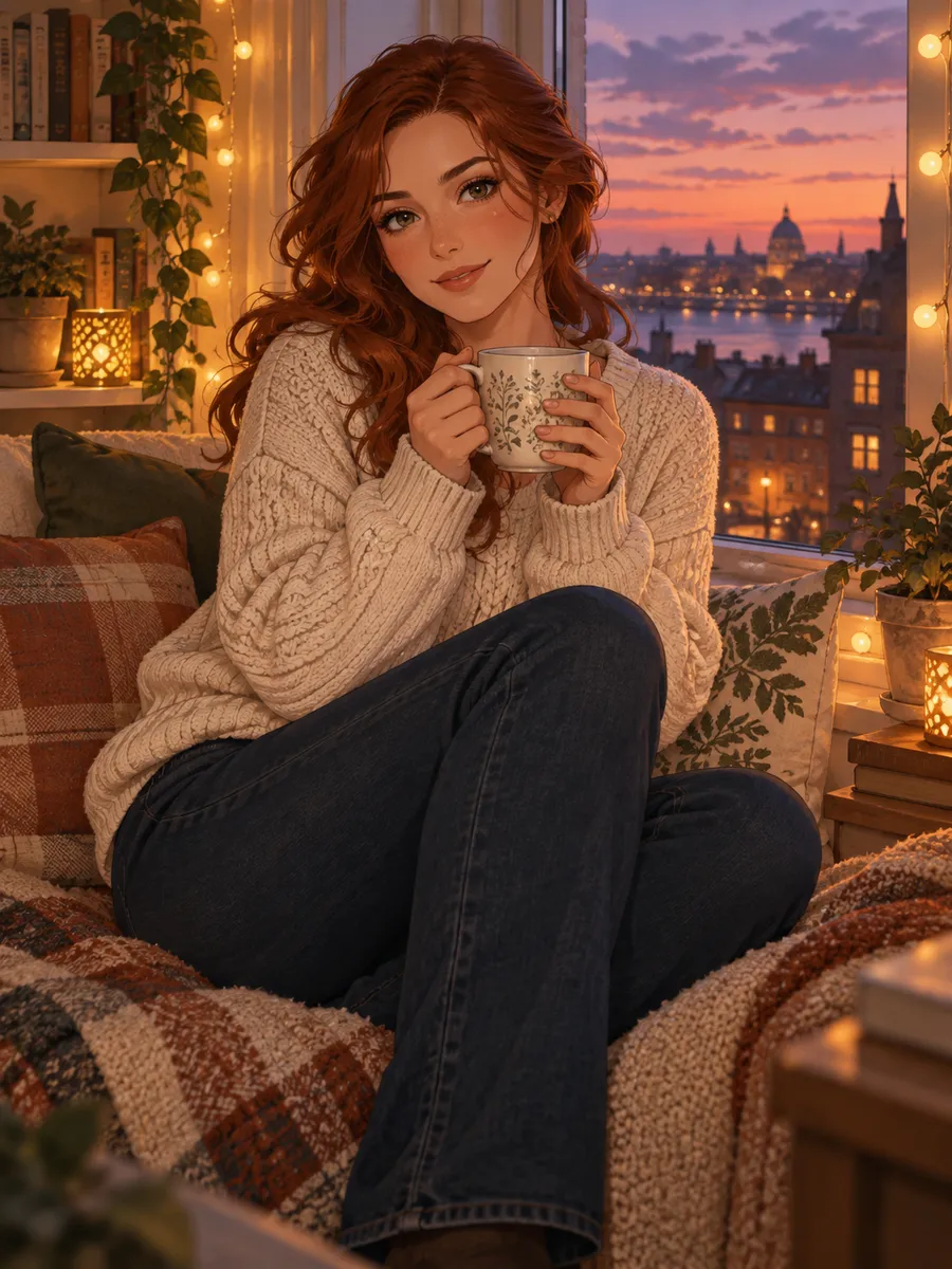 CrushOn AI, novia IA: ilustración generada por IA, ilustración semirrealista de una mujer adulta con cabello castaño rojizo ondulado