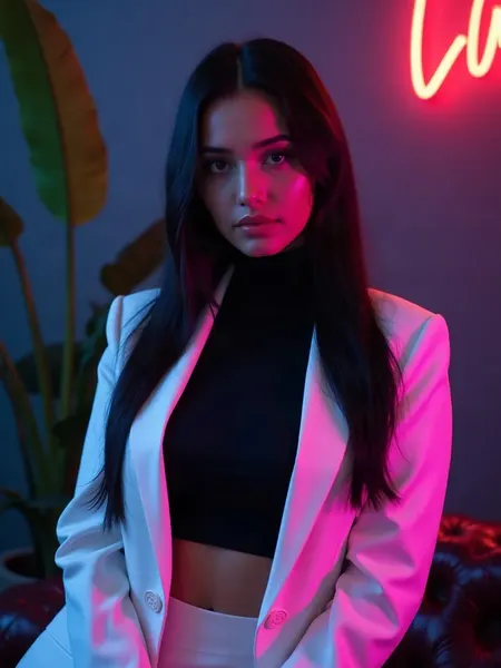 DreamGF: imagen ilustrativa generada por IA, mujer de pelo negro largo con blazer blanco, en un loft minimalista con plantas