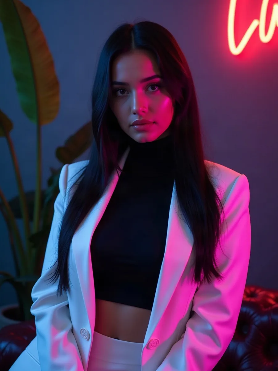 DreamGF: imagen ilustrativa generada por IA, mujer de pelo negro largo con blazer blanco, en un loft minimalista con plantas