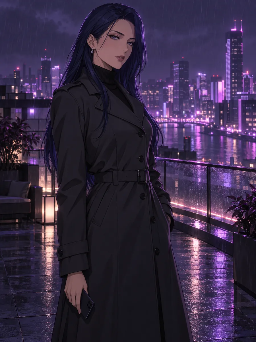 eHentai AI, novia IA: ilustración generada por IA, Ilustración de estilo anime de una mujer adulta con el pelo largo de color azul noche y una gabardina gris antracita