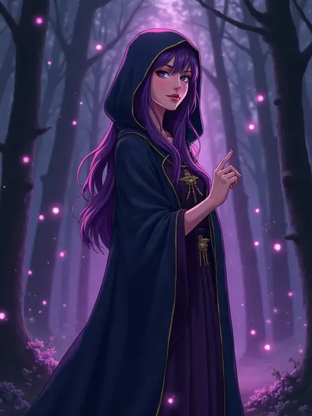FantasyGF: imagen ilustrativa generada por IA, maga de estilo anime con pelo largo violeta y vestido oscuro con capucha, en un bosque con esferas luminosas