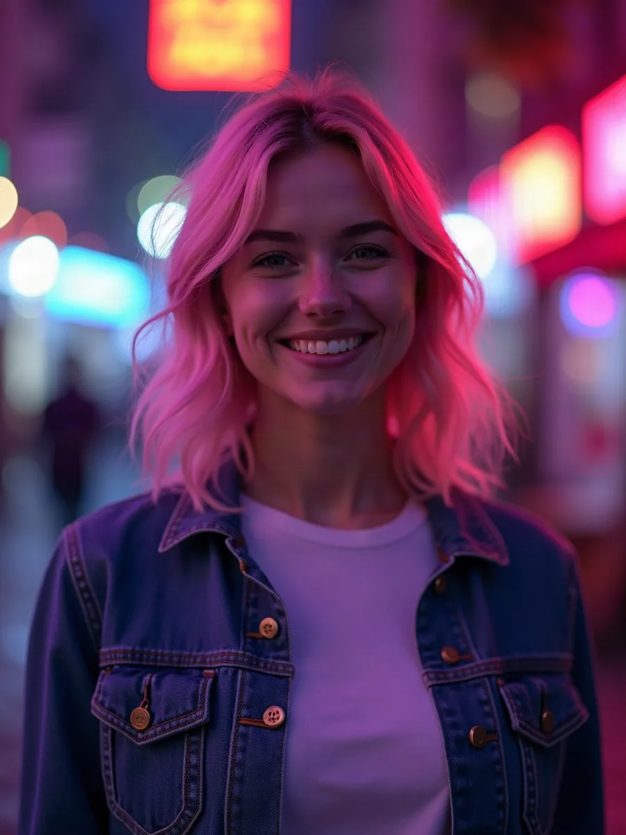 Kupid AI: imagen ilustrativa generada por IA, mujer sonriente de pelo corto rosado con chaqueta vaquera, sobre un fondo de luces desenfocadas
