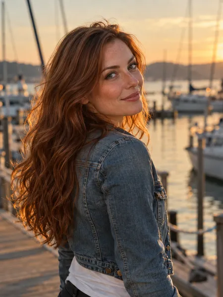 Promptchan, novia IA: ilustración generada por IA, mujer de pelo castaño rojizo con chaqueta vaquera en un muelle al atardecer