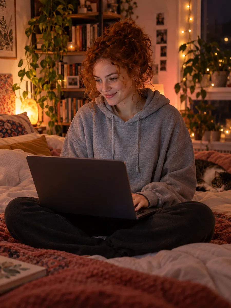 SpicyChat: imagen ilustrativa generada por IA, mujer con el pelo rojo y rizado, con una sudadera gris, que sonríe mientras escribe en un portátil, sentada en una cama bajo guirnaldas de luces por la noche