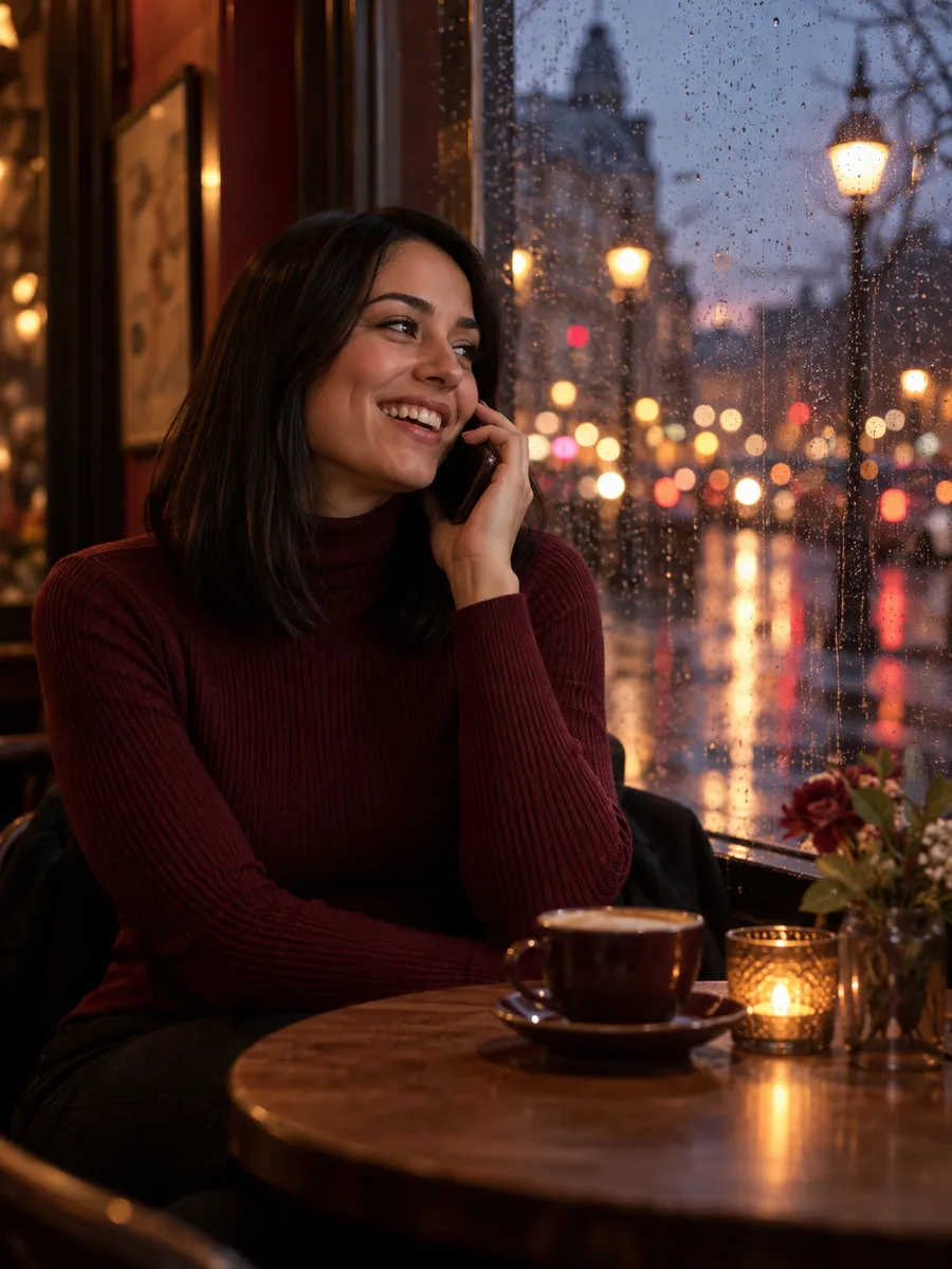 Swipey AI: imagen ilustrativa generada por IA, mujer de pelo negro liso, con un jersey burdeos, riéndose mientras habla por teléfono en una mesa de una cafetería, junto a un cristal mojado por la lluvia al anochecer