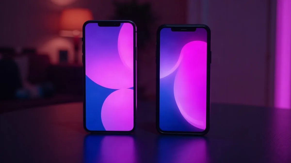 Dos smartphones uno al lado del otro en una mesa oscura, pantallas violetas (ilustración del artículo)
