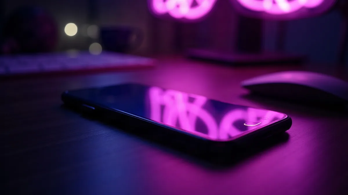 Smartphone en un escritorio oscuro, reflejos violetas luminosos en la pantalla (ilustración del artículo)
