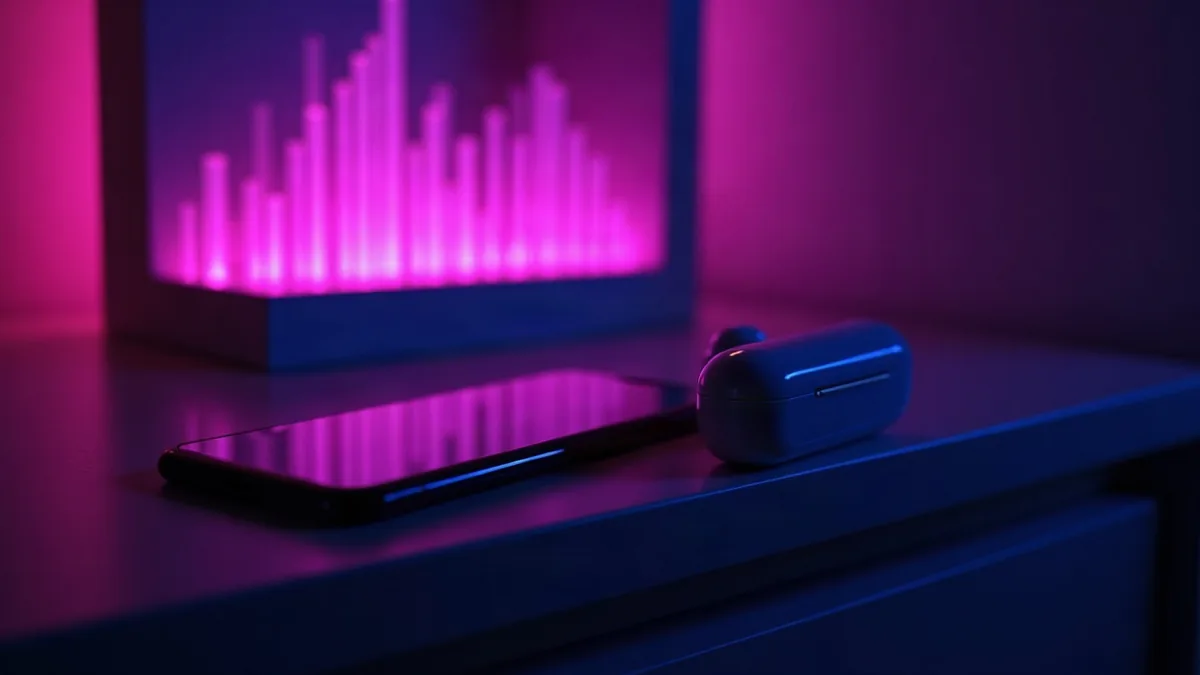Auriculares inalámbricos y teléfono en una mesita de noche, luz en forma de onda sonora (ilustración del artículo)
