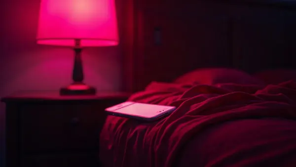 Seda roja y smartphone iluminado en una mesita de noche, luz magenta (ilustración del artículo)