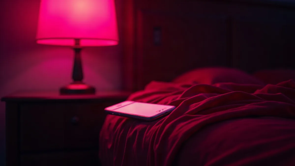Seda roja y smartphone iluminado en una mesita de noche, luz magenta (ilustración del artículo)