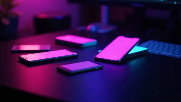 Smartphones iluminados dispuestos en abanico sobre un escritorio oscuro, uno de ellos destacado (ilustración del artículo)