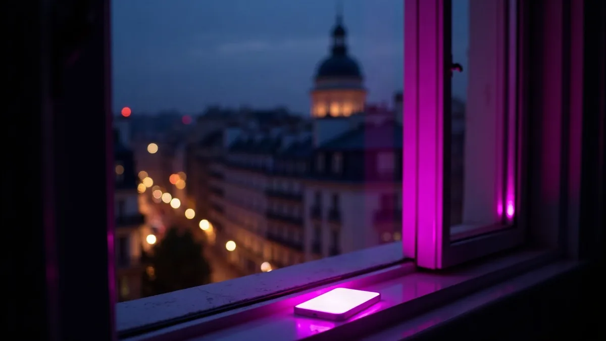 Tejados de una gran ciudad de noche vistos desde una ventana, smartphone iluminado en el alféizar (ilustración del artículo)