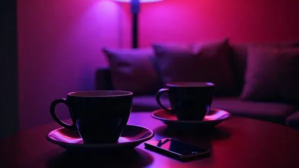 Dos tazas de café y dos teléfonos en una mesa, luz cálida y violeta (ilustración del artículo)