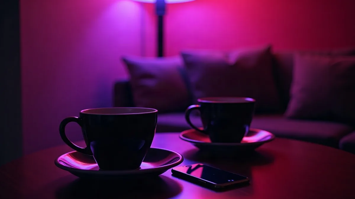 Dos tazas de café y dos teléfonos en una mesa, luz cálida y violeta (ilustración del artículo)