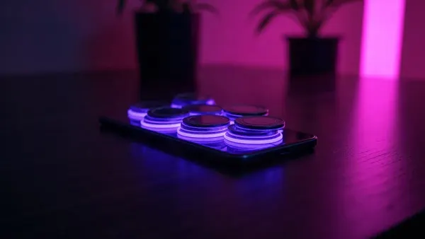 Smartphone y algunas monedas violetas luminosas en un escritorio de madera oscura (ilustración del artículo)