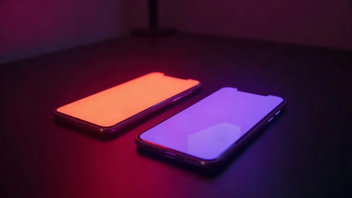 Dos smartphones uno al lado del otro, uno anaranjado y otro violeta, reflejos de neón (ilustración del artículo)