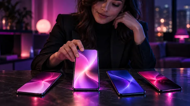 Mejores alternativas a Candy AI: mujer eligiendo un smartphone entre cuatro pantallas iluminadas sobre una mesa