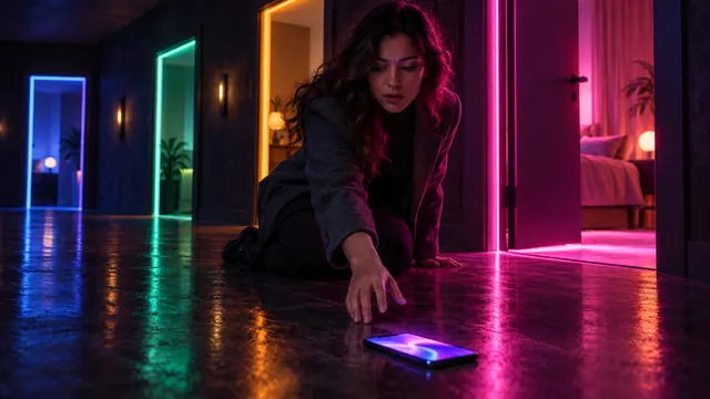Mejores alternativas a Character.AI: mujer recogiendo un smartphone en un pasillo de puertas iluminadas de distintos colores
