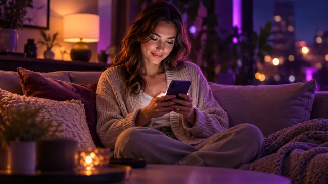 Mejores alternativas a Replika: mujer con chaqueta de punto beige que sonríe a su teléfono en un sofá, por la noche