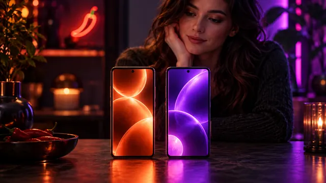 Mejores alternativas a SpicyChat: mujer apoyada en los codos detrás de dos smartphones, uno naranja y otro morado