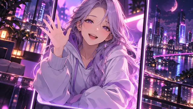 Mejor novia IA anime: ilustración anime de una mujer adulta de pelo lavanda con sudadera, saludando desde una pantalla en una ciudad de neón