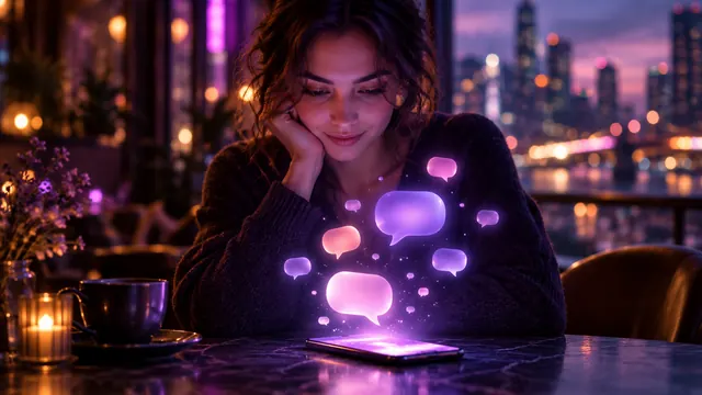 Mejor novia IA en español: mujer sonriente en la mesa de una cafetería, con burbujas de chat iluminadas saliendo de su smartphone
