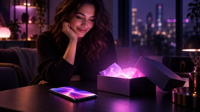 Mejor novia IA gratis: mujer sonriente frente a un smartphone y una caja de regalo abierta de la que sale una luz morada