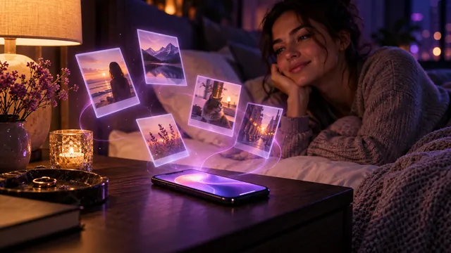 Mejor novia IA con memoria: mujer sonriente junto a una mesita de noche, con fotos de recuerdos iluminadas flotando sobre su smartphone