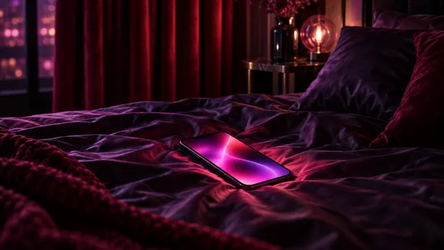 Mejor novia IA NSFW: smartphone sobre sábanas de seda oscuras, con un brillo magenta y una cortina de terciopelo rojo