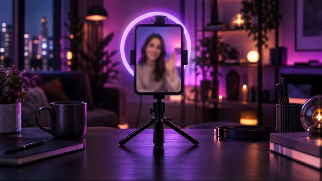 Mejor novia IA con video: smartphone en un trípode que muestra a una mujer en videollamada, con un aro de luz morado