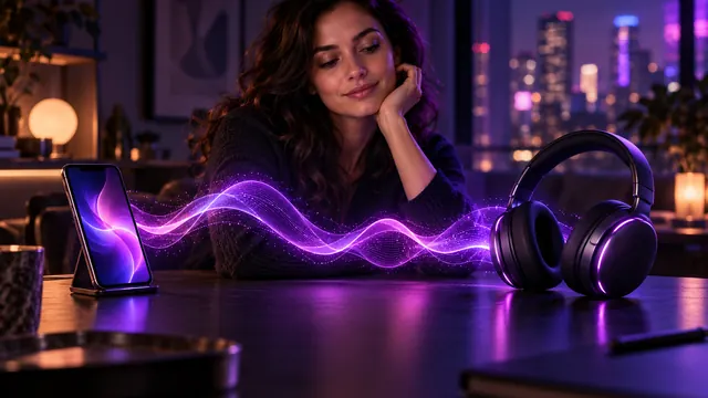 Mejor novia IA con voz: mujer sonriente, con una onda de sonido luminosa que une un smartphone con unos auriculares